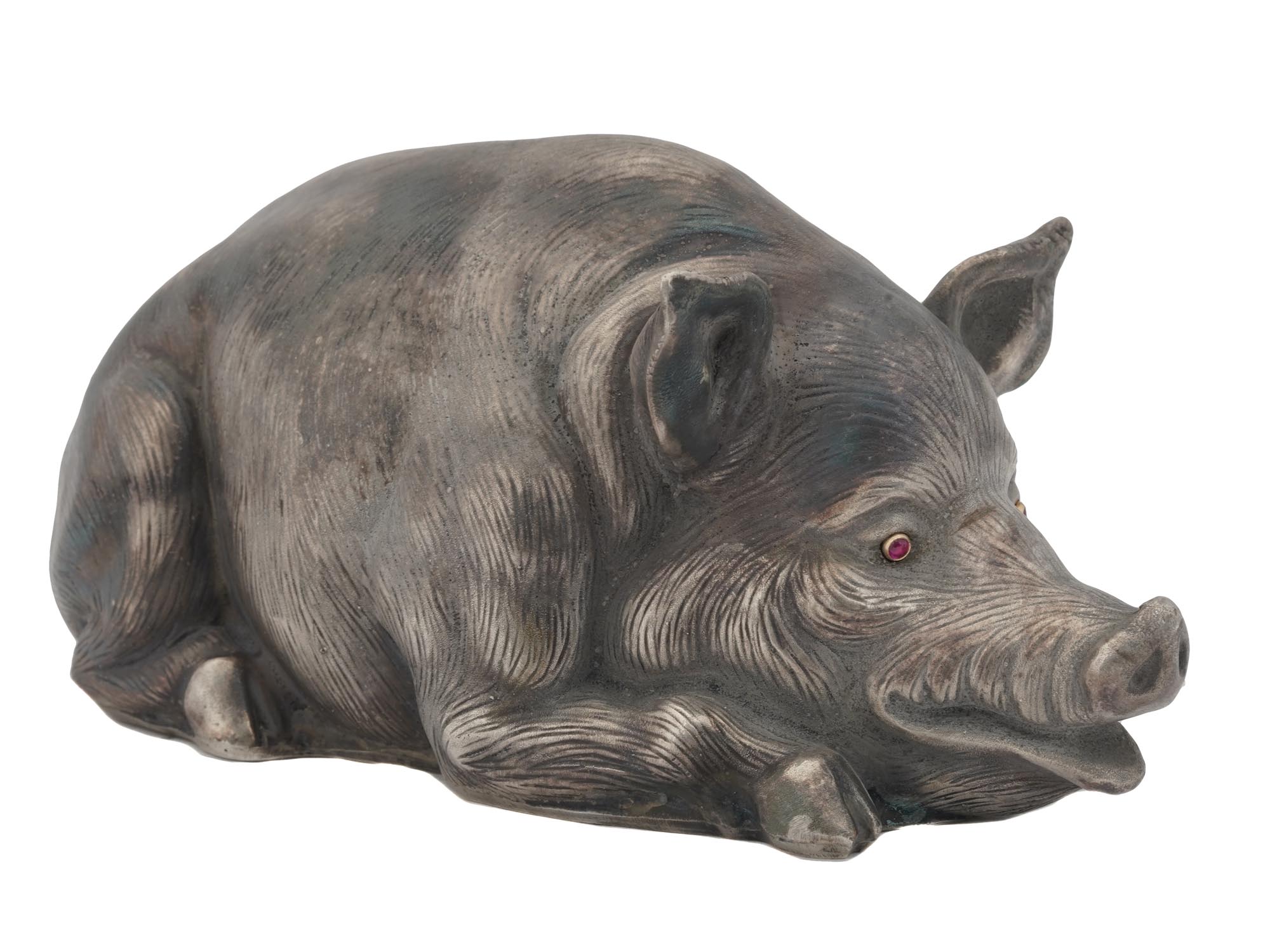 RUSSIAN SILVER PIG FIGURINE WITH RUBY STONE EYES PIC-1